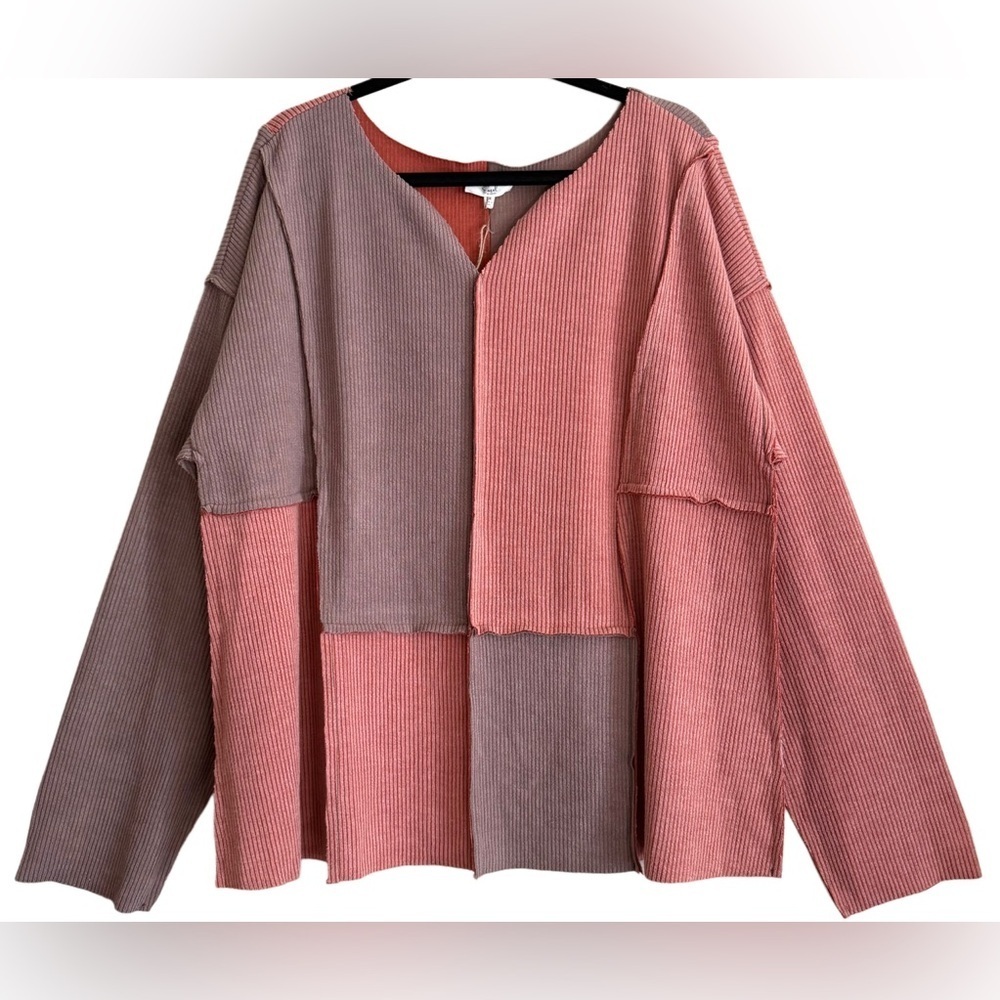 EASEL Boho Lagenlook Colorblock Patchwork Ribbed Knit Lightweight Sweater 2X NWT